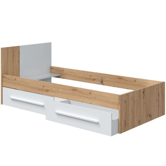 Habitdesign, Einzelbett für Kinder und Jugendliche mit 2 Schubladen, modernes Design in Artik Weiß und Nodi-Eiche, viel Stauraum, Maße: 97 x 77 x 196 cm (B x H x T), Modell Noa (ohne Lattenrost)