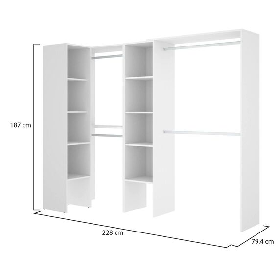 Dmora - Großer Kleiderschrank Quadro, Struktur für begehbaren Eckkleiderschrank, offener Eckkleiderbügel, 228 x 79 x 187 cm, Weiß