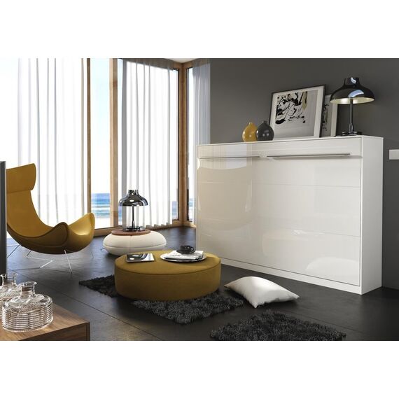 Schrankbett Concept PRO Horizontal, Wandklappbett, Bettschrank, Wandbett, Schrank mit integriertem Klappbett, Funktionsbett (120 x 200 cm, Weiß/Weiß Hochglanz, Horizontal)
