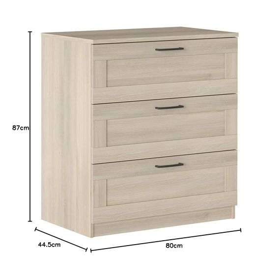 Iconico Home MIK Traditional Kommode mit 3 Schubladen auf Rollschienen, mit ergonomischem Griff, Eiche, Spanplatte, 80 x 44,5 x 87 cm