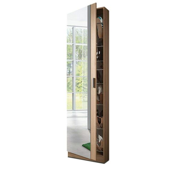 Habitdesign, Schuhschrank mit Spiegel – hoher Schuhschrank in kanadischer Eiche, platzsparend für Flur, Eingangsbereich oder Schlafzimmer, Maße: 50 x 180 x 20 cm (B x H x T), Modell Rock