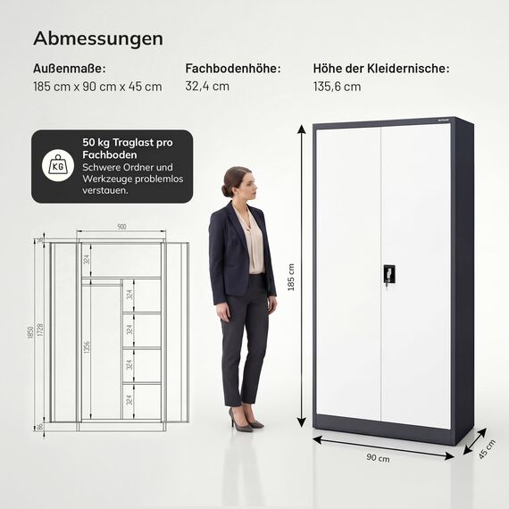 Jan Nowak Metallschrank 185 x 90 x 45 cm | Büroschrank Abschließbar mit Kleiderstange, Pulverbeschichtung | Aufbewahrungsschrank Umkleideschrank Spind Kleiderstange | Anthrazit-Weiß