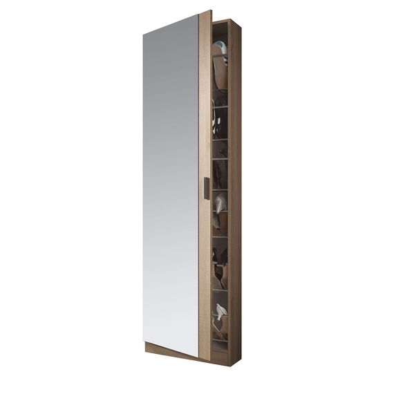 Habitdesign, Schuhschrank mit Spiegel – hoher Schuhschrank in kanadischer Eiche, platzsparend für Flur, Eingangsbereich oder Schlafzimmer, Maße: 50 x 180 x 20 cm (B x H x T), Modell Rock