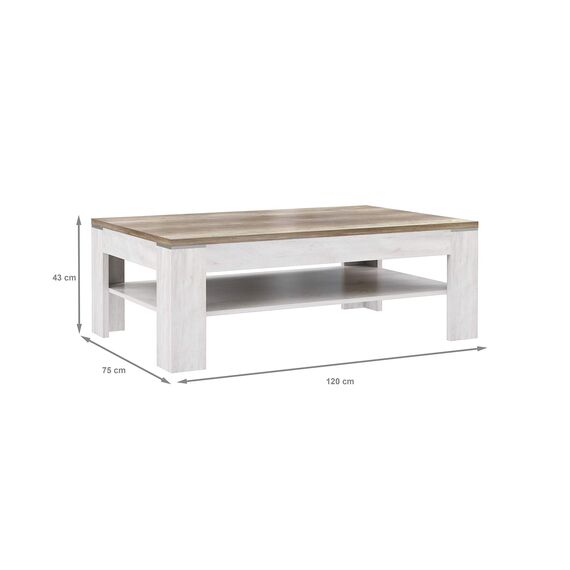 FORTE DURO Couchtisch mit Ablage, Holzwerkstoff, Pinie Weiß/ Antik Eiche, 120 x 75 x 43 cm