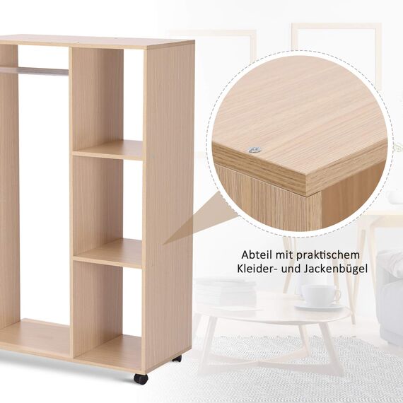 HOMCOM Kleiderschrank auf Rollen, Mobile Garderobe, 1 Kleiderstange, 3 Regale, Garderobenschrank für Flur, Schlafzimmer, 80 x 40 x 128 cm, Natur