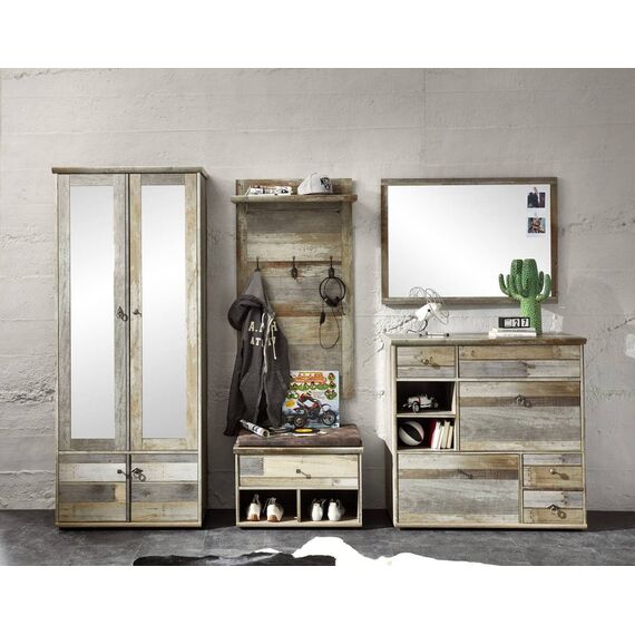 Bonanza Vintage Schuhbank mit Sitzfläche in Driftwood Optik - bequeme Retro Sitzbank mit Stauraum für Ihren Flur - 67 x 47 x 40 cm (B/H/T)