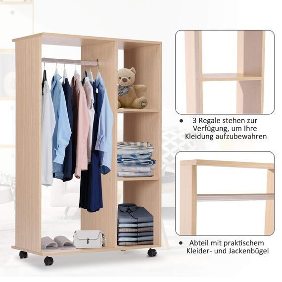 HOMCOM Kleiderschrank auf Rollen, Mobile Garderobe, 1 Kleiderstange, 3 Regale, Garderobenschrank für Flur, Schlafzimmer, 80 x 40 x 128 cm, Natur
