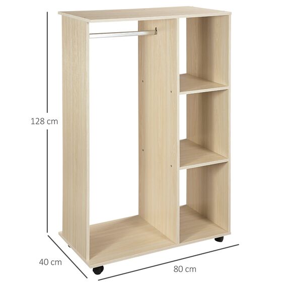 HOMCOM Kleiderschrank auf Rollen, Mobile Garderobe, 1 Kleiderstange, 3 Regale, Garderobenschrank für Flur, Schlafzimmer, 80 x 40 x 128 cm, Natur