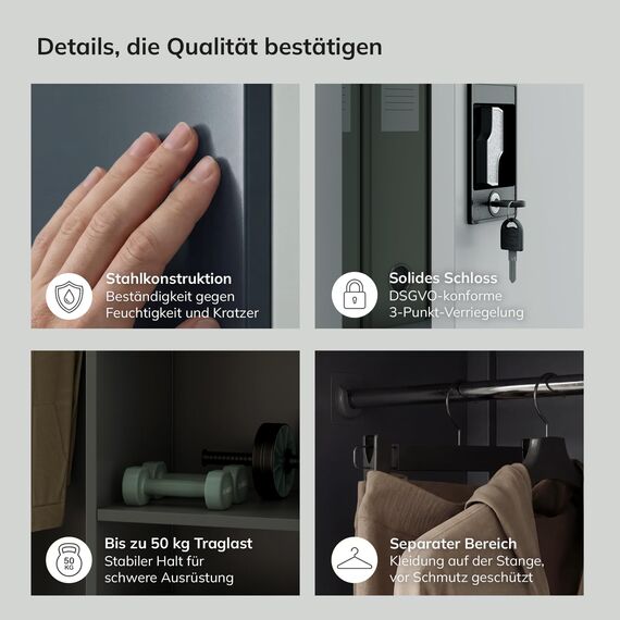 Jan Nowak Metallschrank 185 x 90 x 45 cm | Büroschrank Abschließbar mit Kleiderstange, Pulverbeschichtung | Aufbewahrungsschrank Umkleideschrank Spind Kleiderstange | Anthrazit-Weiß