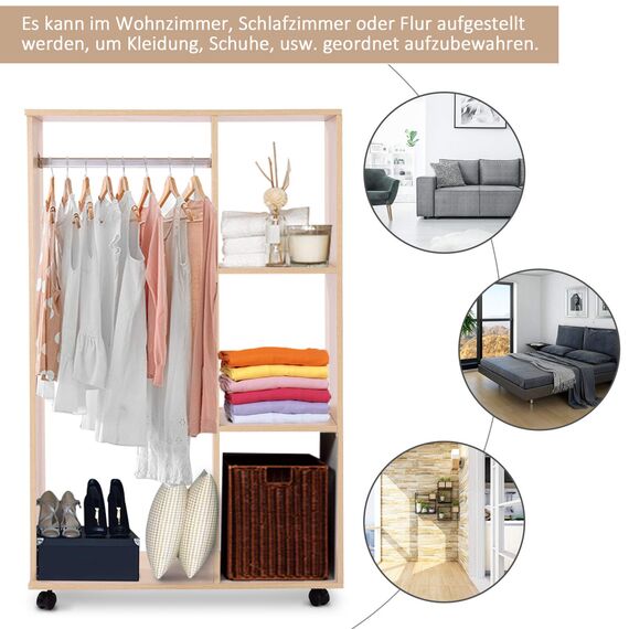 HOMCOM Kleiderschrank auf Rollen, Mobile Garderobe, 1 Kleiderstange, 3 Regale, Garderobenschrank für Flur, Schlafzimmer, 80 x 40 x 128 cm, Natur