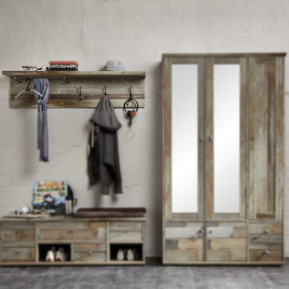 Stella Trading Bonanza Vintage Garderobenleiste in Driftwood Optik - Retro Hutablage & zuverlässige Wandhaken für Jacken & Taschen - 130 x 38 x 28 cm (B/H/T)