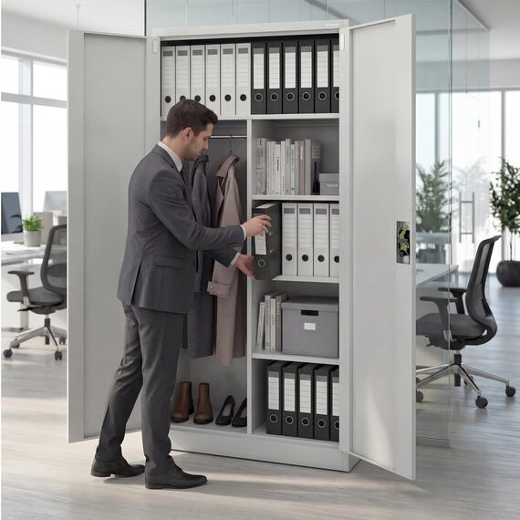 Jan Nowak Metallschrank 185 x 90 x 45 cm | Büroschrank Abschließbar mit Kleiderstange, Pulverbeschichtung | Aufbewahrungsschrank Umkleideschrank Spind Kleiderstange | Grau