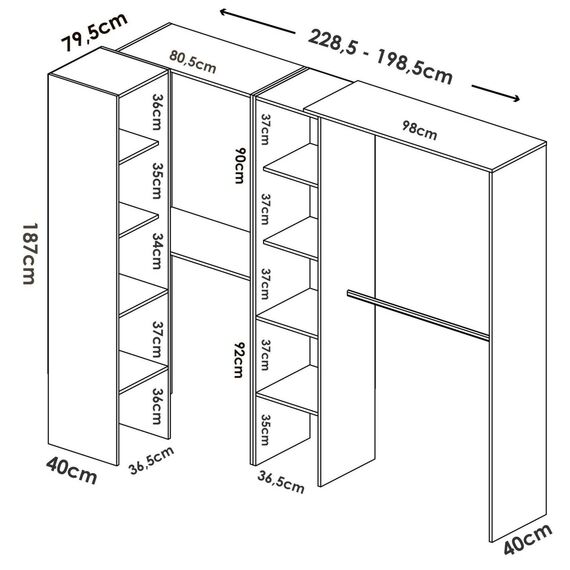 Dmora - Großer Kleiderschrank Quadro, Struktur für begehbaren Eckkleiderschrank, offener Eckkleiderbügel, 228 x 79 x 187 cm, Weiß