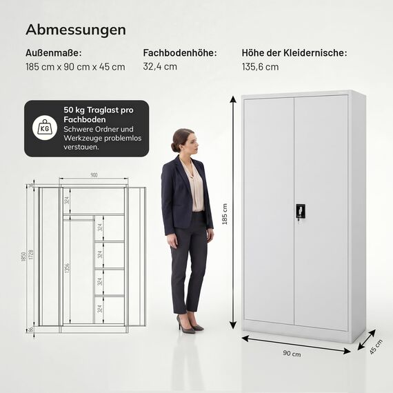 Jan Nowak Metallschrank 185 x 90 x 45 cm | Büroschrank Abschließbar mit Kleiderstange, Pulverbeschichtung | Aufbewahrungsschrank Umkleideschrank Spind Kleiderstange | Grau