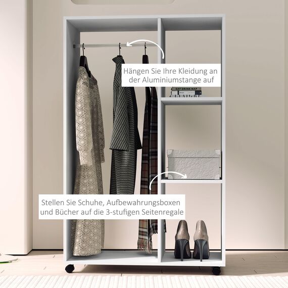 HOMCOM Kleiderschrank auf Rollen, Mobile Garderobe, 1 Kleiderstange, 3 Regale, Garderobenschrank, Rollbarer Kleiderständer für Flur, Schlafzimmer, 80 x 40 x 128 cm, Weiß