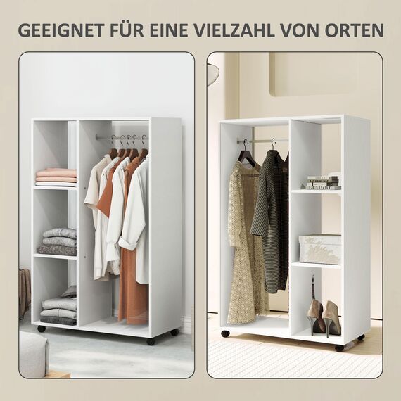 HOMCOM Kleiderschrank auf Rollen, Mobile Garderobe, 1 Kleiderstange, 3 Regale, Garderobenschrank, Rollbarer Kleiderständer für Flur, Schlafzimmer, 80 x 40 x 128 cm, Weiß