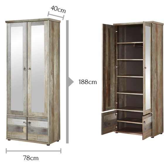 Stella Trading Bonanza Vintage Garderoben Set in Driftwood Optik - Retro Flurgarderobe für Ihren Eingangsbereich - 274 x 188 x 40 cm (B/H/T)