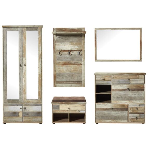 Stella Trading Bonanza Vintage Garderoben Set in Driftwood Optik - Retro Flurgarderobe für Ihren Eingangsbereich - 274 x 188 x 40 cm (B/H/T)