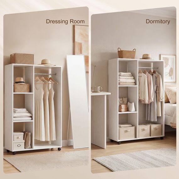 HOMCOM Kleiderschrank auf Rollen, Mobile Garderobe, 1 Kleiderstange, 3 Regale, Garderobenschrank, Rollbarer Kleiderständer für Flur, Schlafzimmer, 80 x 40 x 128 cm, Weiß