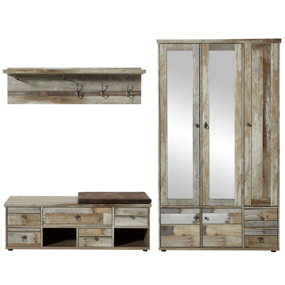 Stella Trading Bonanza Vintage Garderoben Set in Driftwood Optik - Retro Flurgarderobe für Ihren Eingangsbereich - 255 x 188 x 40 cm (B/H/T)