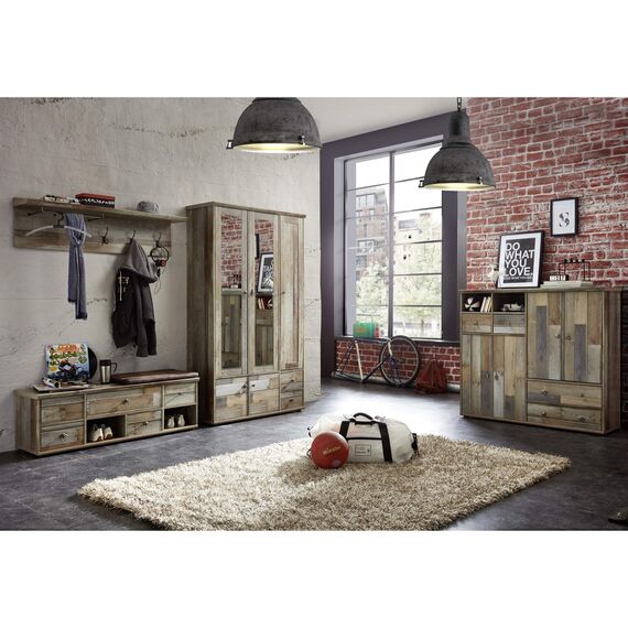 Stella Trading Bonanza Vintage Garderobenleiste in Driftwood Optik - Retro Hutablage & zuverlässige Wandhaken für Jacken & Taschen - 130 x 38 x 28 cm (B/H/T)