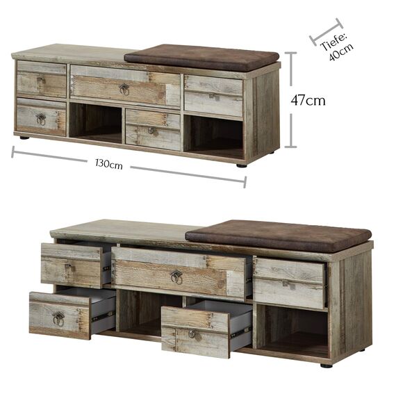 Stella Trading Bonanza Vintage Garderoben Set in Driftwood Optik - Retro Flurgarderobe für Ihren Eingangsbereich - 255 x 188 x 40 cm (B/H/T)