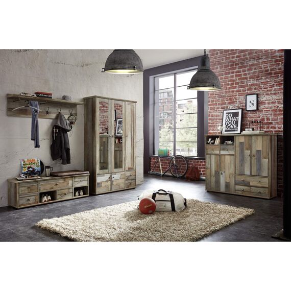 Stella Trading Bonanza Vintage Schuhbank mit Sitzfläche in Driftwood Optik - bequeme Retro Sitzbank mit Stauraum für Ihren Flur - 130 x 47 x 40 cm (B/H/T)