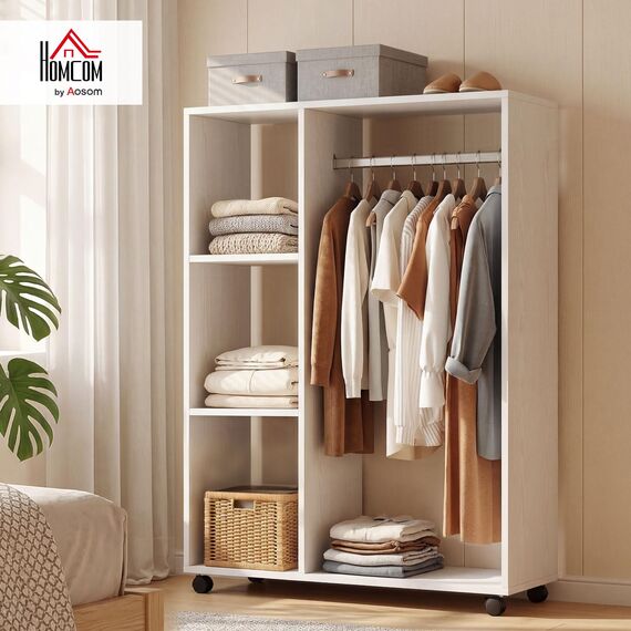 HOMCOM Kleiderschrank auf Rollen, Mobile Garderobe, 1 Kleiderstange, 3 Regale, Garderobenschrank, Rollbarer Kleiderständer für Flur, Schlafzimmer, 80 x 40 x 128 cm, Weiß