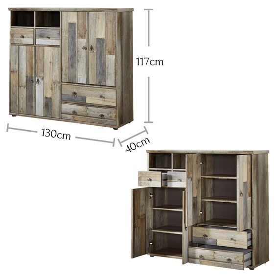 Stella Trading Bonanza Vintage Garderoben Set in Driftwood Optik - Retro Flurgarderobe für Ihren Eingangsbereich - 305 x 188 x 40 cm (B/H/T)