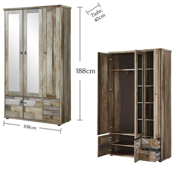 Stella Trading Bonanza Vintage Garderobenschrank in Driftwood Optik - Retro Flurgarderoben Schrank mit zwei Spiegeltüren - 108 x 188 x 40 cm (B/H/T)