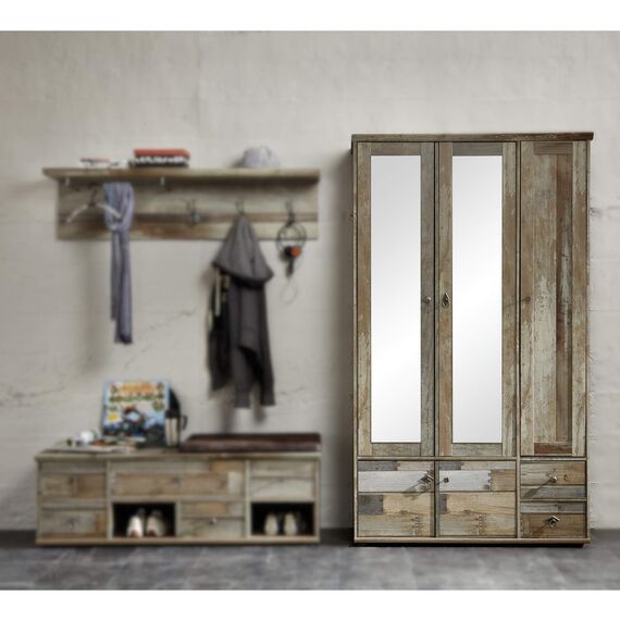 Stella Trading Bonanza Vintage Garderobenschrank in Driftwood Optik - Retro Flurgarderoben Schrank mit zwei Spiegeltüren - 108 x 188 x 40 cm (B/H/T)