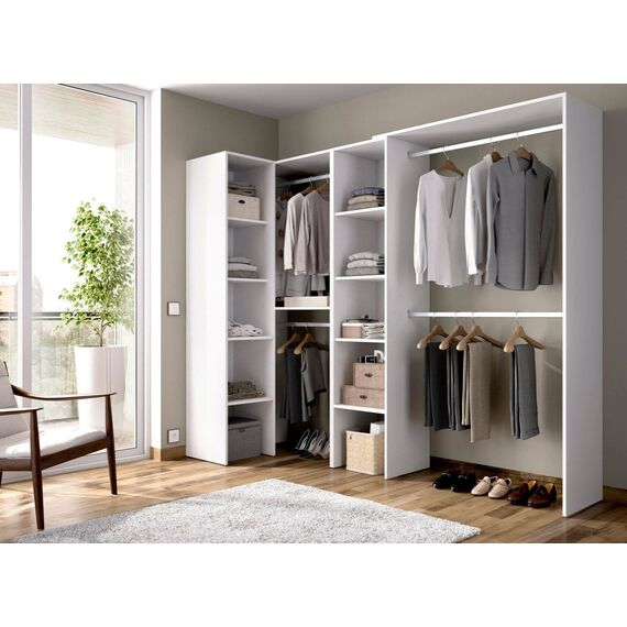 Dmora - Großer Kleiderschrank Quadro, Struktur für begehbaren Eckkleiderschrank, offener Eckkleiderbügel, 228 x 79 x 187 cm, Weiß