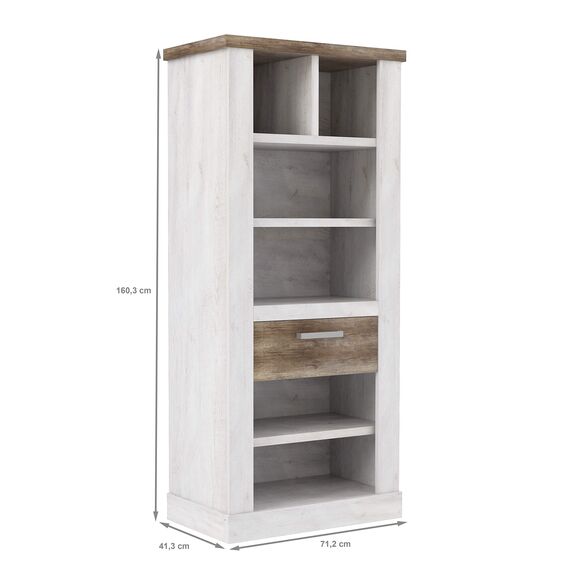 Forte Duro Regal mit 1 Schublade, Holzwerkstoff, Pinie Weiß kombiniert mit Eiche Antik, 41,3 x 71,4 x 160,4 cm