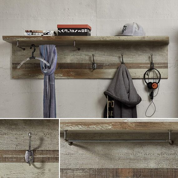 Stella Trading Bonanza Vintage Garderobenleiste in Driftwood Optik - Retro Hutablage & zuverlässige Wandhaken für Jacken & Taschen - 130 x 38 x 28 cm (B/H/T)