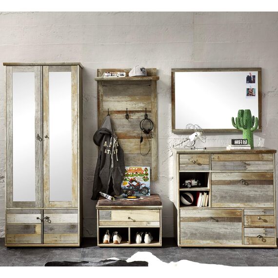 Stella Trading Bonanza Vintage Garderoben Set in Driftwood Optik - Retro Flurgarderobe für Ihren Eingangsbereich - 274 x 188 x 40 cm (B/H/T)