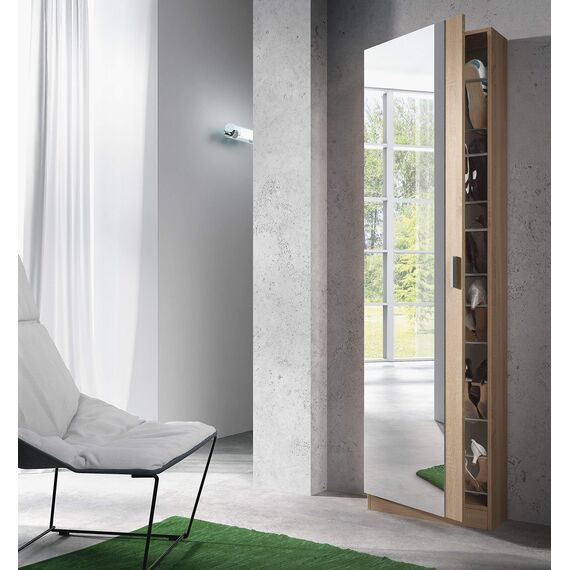 Habitdesign, Schuhschrank mit Spiegel – hoher Schuhschrank in kanadischer Eiche, platzsparend für Flur, Eingangsbereich oder Schlafzimmer, Maße: 50 x 180 x 20 cm (B x H x T), Modell Rock