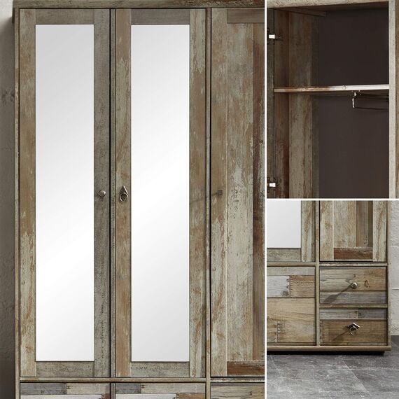 Stella Trading Bonanza Vintage Garderobenschrank in Driftwood Optik - Retro Flurgarderoben Schrank mit zwei Spiegeltüren - 108 x 188 x 40 cm (B/H/T)