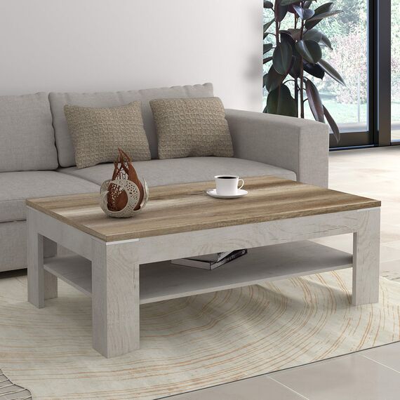 FORTE DURO Couchtisch mit Ablage, Holzwerkstoff, Pinie Weiß/ Antik Eiche, 120 x 75 x 43 cm