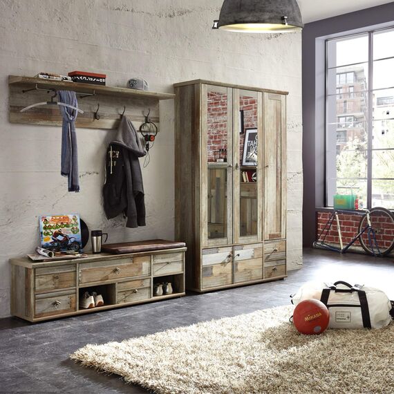 Stella Trading Bonanza Vintage Garderobenschrank in Driftwood Optik - Retro Flurgarderoben Schrank mit zwei Spiegeltüren - 108 x 188 x 40 cm (B/H/T)