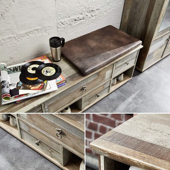 Stella Trading Bonanza Vintage Schuhbank mit Sitzfläche in Driftwood Optik - bequeme Retro Sitzbank mit Stauraum für Ihren Flur - 130 x 47 x 40 cm (B/H/T)
