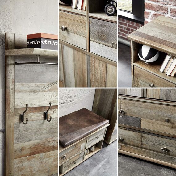 Stella Trading Bonanza Vintage Garderoben Set in Driftwood Optik - Retro Flurgarderobe für Ihren Eingangsbereich - 274 x 188 x 40 cm (B/H/T)