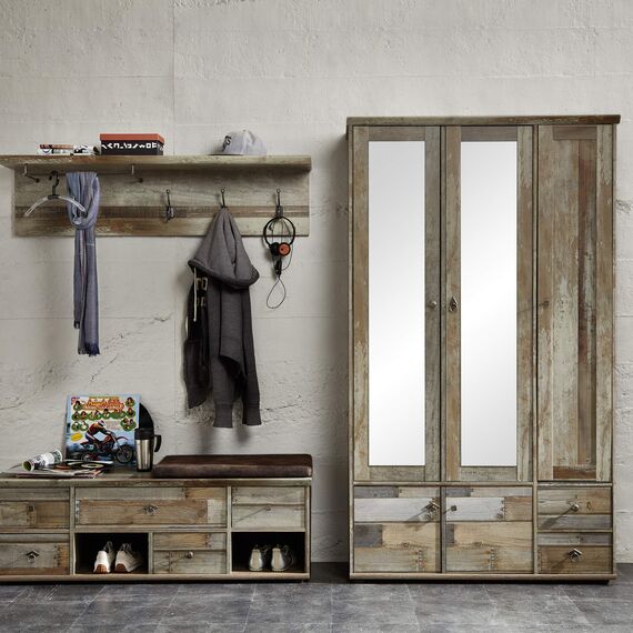 Stella Trading Bonanza Vintage Garderobenschrank in Driftwood Optik - Retro Flurgarderoben Schrank mit zwei Spiegeltüren - 108 x 188 x 40 cm (B/H/T)