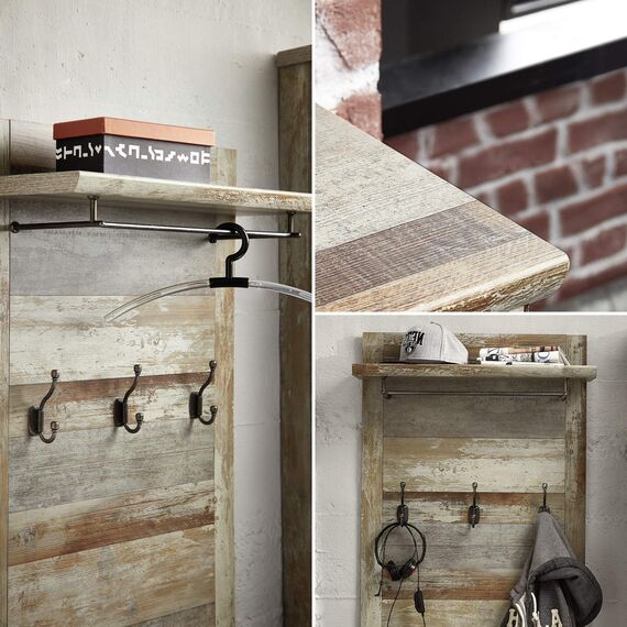 Bonanza Vintage Garderobenleiste in Driftwood Optik - Retro Hutablage & zuverlässige Wandhaken für Jacken & Taschen - 67 x 132 x 28 cm (B/H/T)
