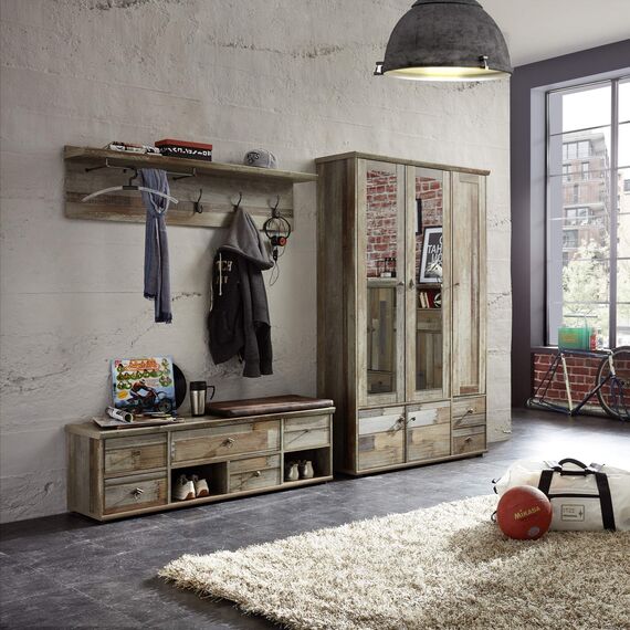 Stella Trading Bonanza Vintage Schuhbank mit Sitzfläche in Driftwood Optik - bequeme Retro Sitzbank mit Stauraum für Ihren Flur - 130 x 47 x 40 cm (B/H/T)