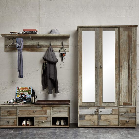 Stella Trading Bonanza Vintage Garderobenleiste in Driftwood Optik - Retro Hutablage & zuverlässige Wandhaken für Jacken & Taschen - 130 x 38 x 28 cm (B/H/T)