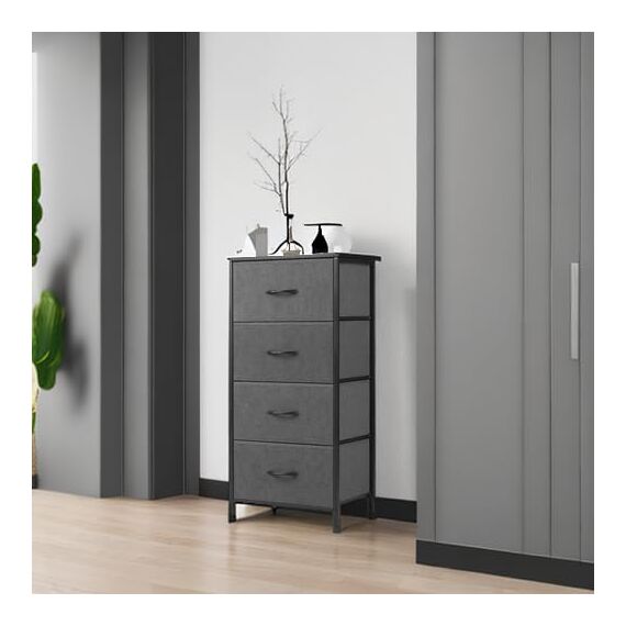 DUMOS Kommode mit Schubladen - kommoden & Sideboards für Schlafzimmer Geeignet, Komodenschrank mit 4 Schubladen, Stoffkommode mit Stabilem Stahlrahmen, Ideal für Schlafzimmer, Wohnzimmer (Grau)