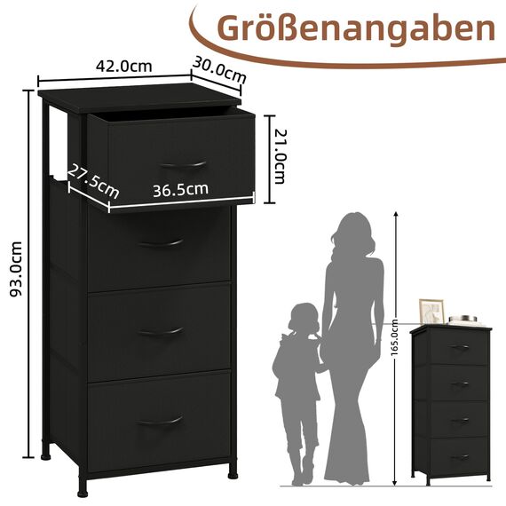 Somdot Kommode mit Schubladen, Kommode Schlafzimmer Wohnzimmer Flur, Komodenschrank Schubladenschrank Aufbewahrungsschrank Stoffkommode, 4 Stoffschubladen, Schwarz, 30T x 42B x 93H cm