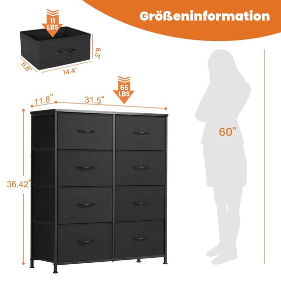 Sweetcrispy Kommode,Sideboard Wohnzimmer für Schlafzimmer mit 8 Stoffschubladen,Einstellbare Füße Schubladenschrank,Komodenschrank für Schlafzimmer,Klassisch Schwarz