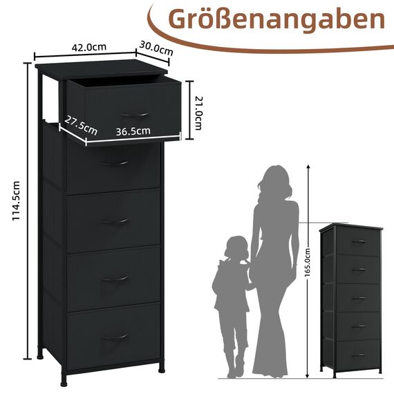 Somdot Kommode mit Schubladen aus Stoff für Schlafzimmer, Kommode Wohnzimmer Flur, Komodenschrank Schubladenschrank Aufbewahrungsschrank Stoffkommode, 5 Stoffschubladen, Schwarz