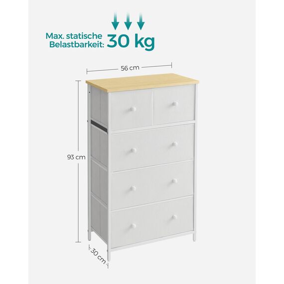 SONGMICS Kommode, Aufbewahrungsschrank, 5 Stoffschubladen, für Flur, Wohnzimmer, weiß-eichenfarben LTS514W57